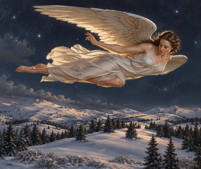 a painting of an angel flying over a snowy landscape