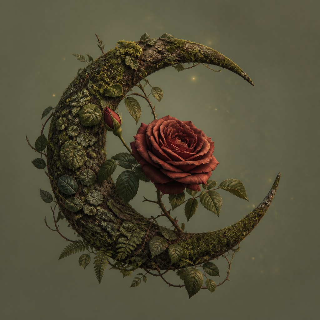 a rose entwined with a crescent moon, clean balanced composition on a plain background, no text
