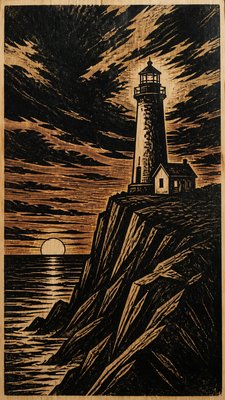 a lone lighthouse on a cliff at dusk under a dramatic sky, no text or lettering