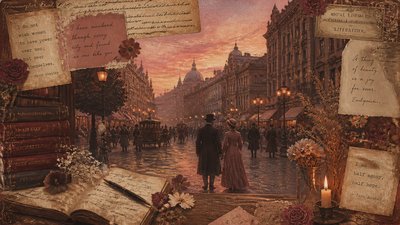 bustling city street panorama at dusk