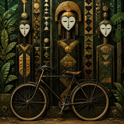 bicyle resting against a wall — Gabonese Art Style