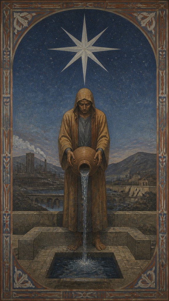 a robed figure pouring water beneath a large eight-pointed star in a night sky, symmetrical composition with an ornate decorative border, no text