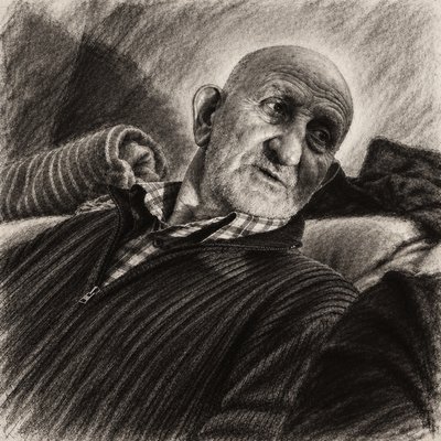 a black and white drawing of an older man