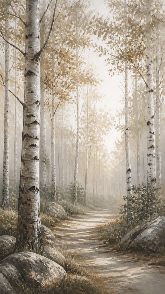 a serene birch forest in soft morning light, no people, no text