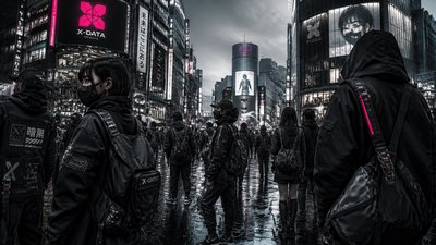 bustling city street panorama at dusk