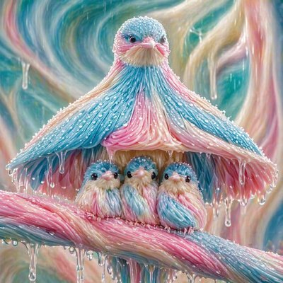 a painting of a group of birds sitting on a tree branch