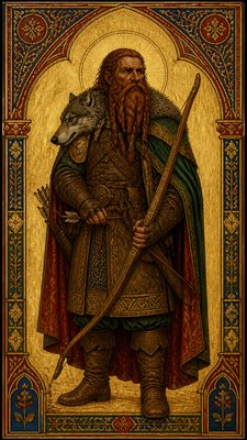 full-body original character: a dwarven ranger with a braided auburn beard, worn leather armor, a longbow and a wolf-pelt cloak, neutral background, no text