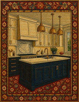 a painting of a kitchen with a sink and a stove