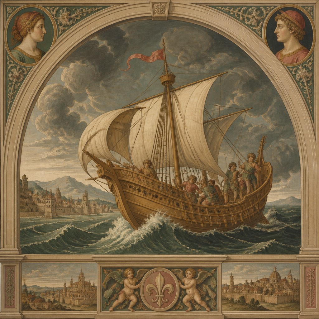 sailing ship on a stormy sea — Florentine Renaissance Art Style