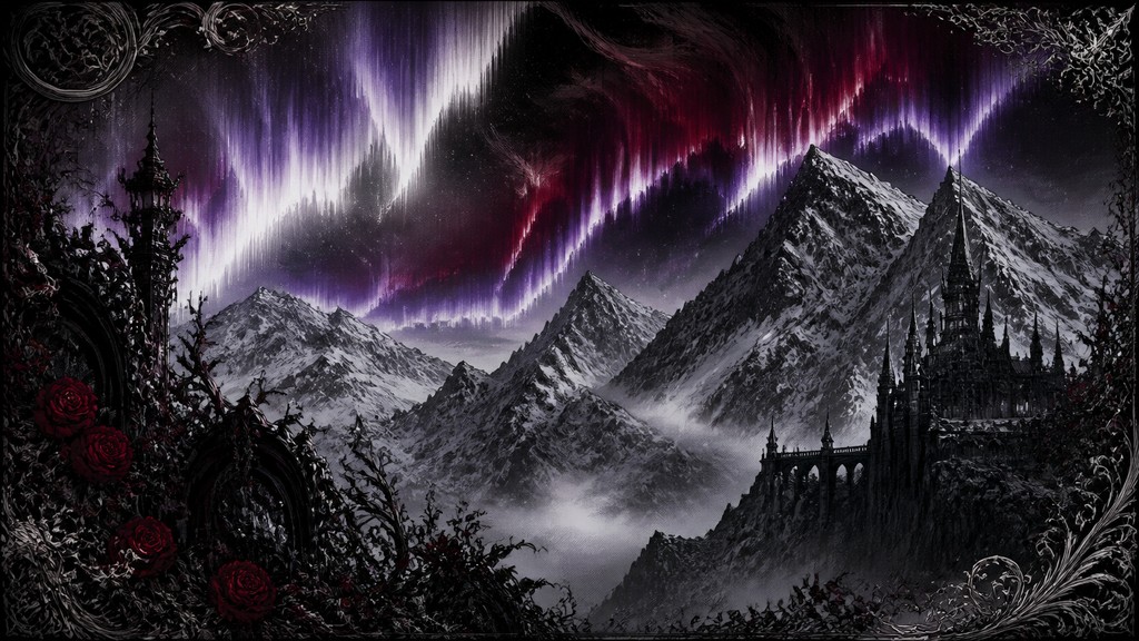 a flowing aurora over snowy peaks, wide sweeping composition, no people, no text