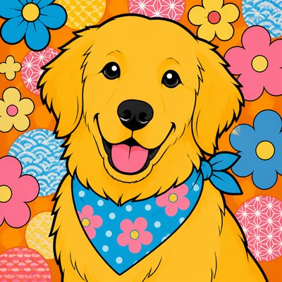 portrait of a golden retriever wearing a blue bandana, warm plain backdrop, no text