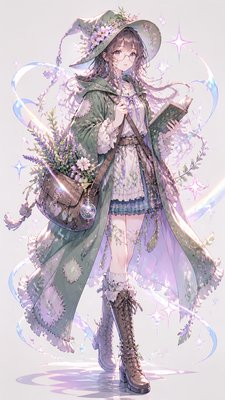 full-body original character: a wandering botanist with a satchel of plants, a patched green cloak, tall boots and round glasses, neutral background