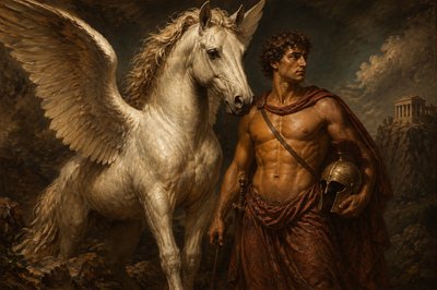 a painting of a man standing next to a white horse