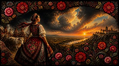 sweeping panoramic landscape with a dramatic sky