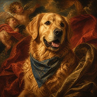 portrait of a golden retriever wearing a blue bandana, warm plain backdrop, no text