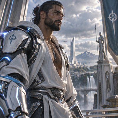 Je veux que tu me fasses un guerrier, tres modern avec une armure moderne genre full blanc argenté bleu claire avec le torse non couvert, on voit ses muscle et il a une barbe et des cheveux lisse mi court attacheé en arriere avec un elastic il est hot et un peu poilu pour le realisme il est brun et a des yeux bleu clair on dirait presque un dieu nordick modern , je repete on voit son torse poilu mais on voit pas du tout son ventre iu ses abdo genre je veux comme un tee shirt ultra large qui montre son torse pad forcement en entier juste une partie 