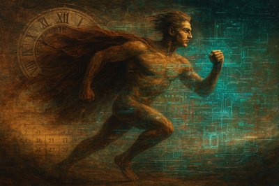 a digital painting of a man running with a clock in the background