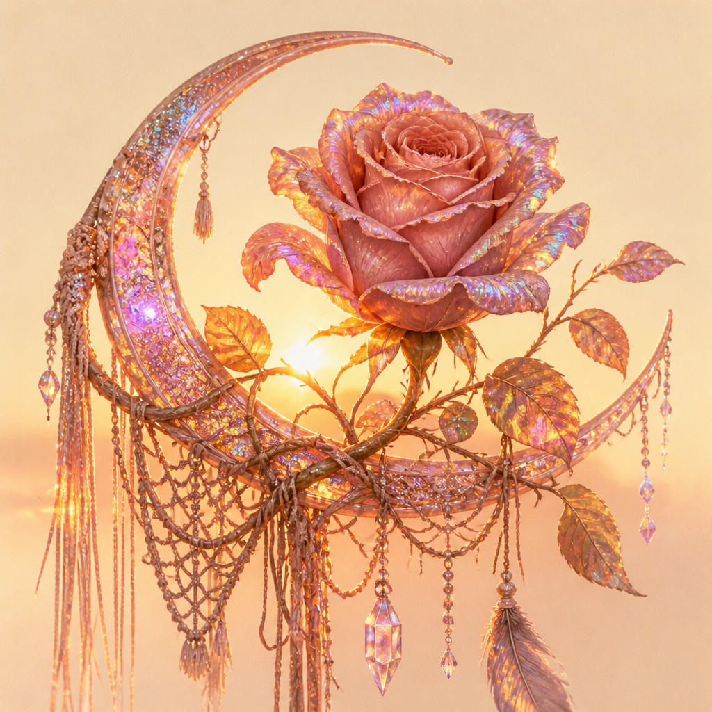 a rose entwined with a crescent moon, clean balanced composition on a plain background, no text