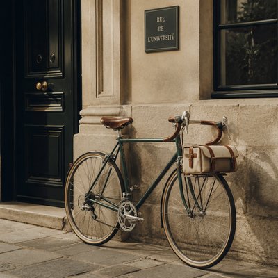 bicyle resting against a wall