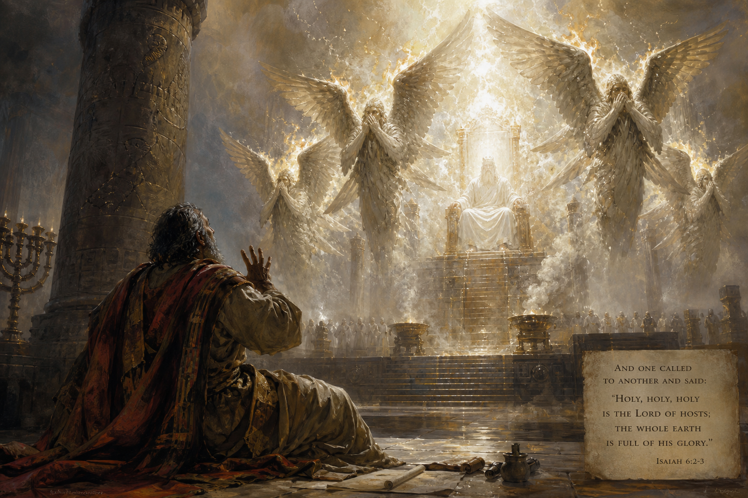 “In the year that King Uzziah died I saw the Lord sitting upon a throne, high and lifted up; and his train filled the temple. Above him stood the seraphim; each had six wings: with two he covered his face, and with two he covered his feet, and with two he flew. And one called to another and said:
‘Holy, holy, holy is the Lord of hosts;
the whole earth is full of his glory.‘
Isaiah 6:1-3