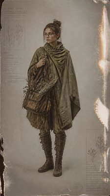 full-body original character: a wandering botanist with a satchel of plants, a patched green cloak, tall boots and round glasses, neutral background