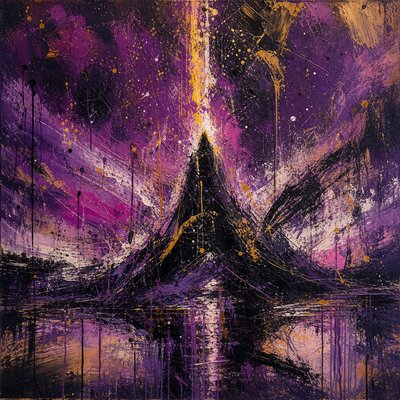 a painting of a purple and yellow tower