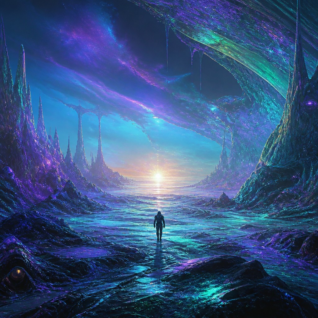 a solitary figure walking toward a glowing horizon across an empty plain, moody atmosphere, no text or lettering