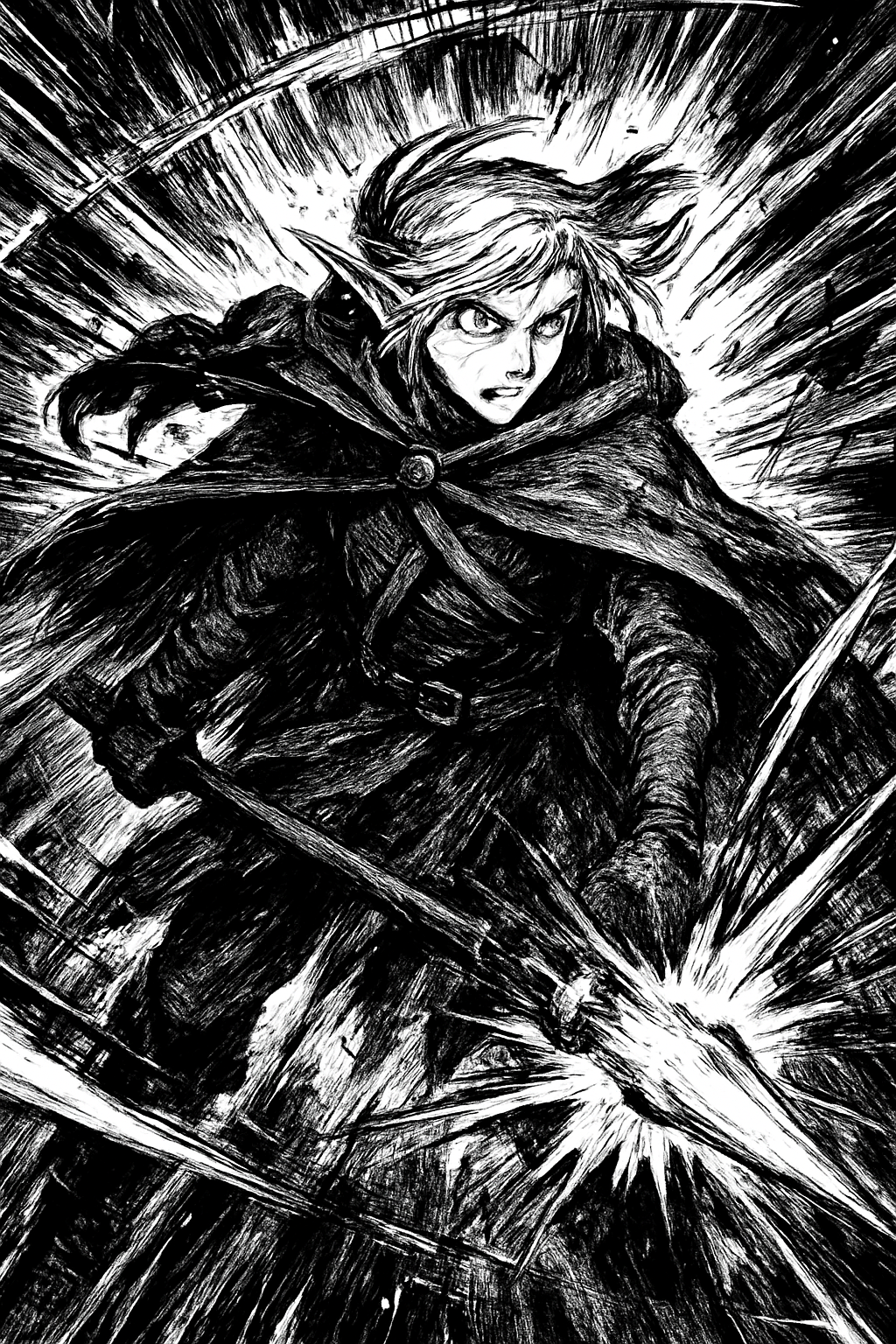 a black and white drawing of a woman holding a sword