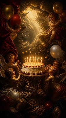 a birthday cake with lit candles surrounded by balloons and confetti, festive vertical composition, no text