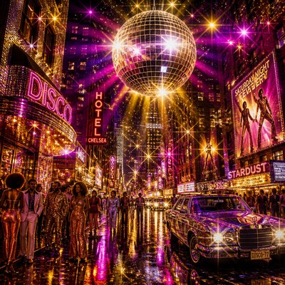 urban street with city activity — Disco Aesthetic