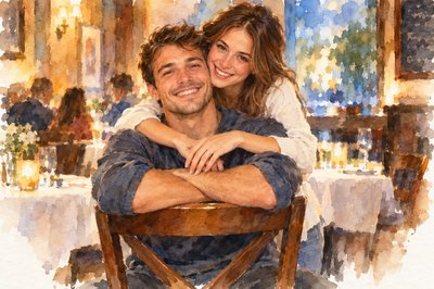 In a restaurant we see a young couple facing the camera.  She stands behind him as he sits on a restaurant chair.  The chair is backwards, and his arms are folded on top of the chair's back.  She has her arms around him with her hands in front of him.  She is bending down and her head is next to his.  A petite diamond ring graces the ring finger on her left hand.  They are very casual and both smiling. It looks like he might have just "popped the question!"
 This is the most wonderful day!
