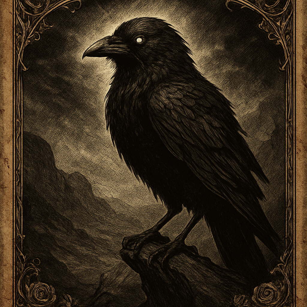 A solitary and intensely symbolic image depicting a magnificent, large black raven as the embodiment of judgment from Proverbs 30:17. The raven is portrayed with immense detail and an almost mythical presence, its feathers dark and glossy, its eyes glowing with a profound, ancient wisdom or stern disapproval. It is perched on a jagged, weathered tree branch or a sharp, craggy rock formation within a desolate, mist-shrouded valley.
The background is stark and emphasizes desolation, featuring barren, rocky slopes and a stormy, oppressive sky with heavy, dark clouds. The lighting is dramatic and stark, perhaps a single shaft of pale, cold light illuminating the raven, casting long, deep shadows around it. The focus is entirely on the raven, its sharp beak, and its piercing gaze, conveying a sense of ultimate, inescapable consequence. The overall mood is one of profound, somber judgment and the quiet, heavy weight of natural law, expressed through the powerful symbolism of the bird."