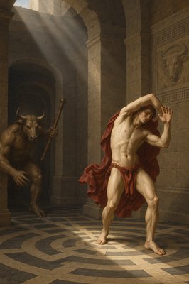 a painting of a man standing next to a demon
