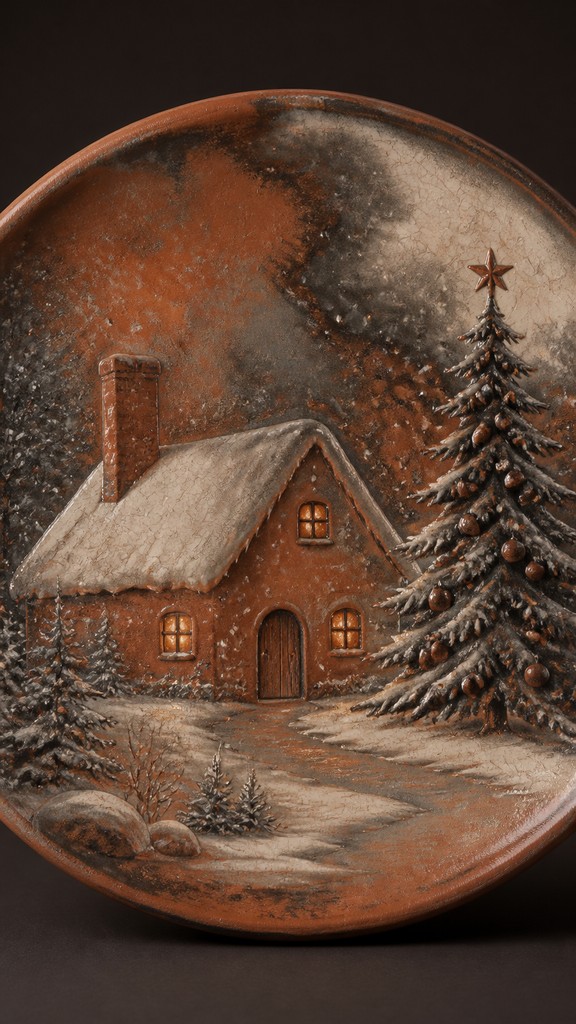 a snow-covered cottage with warm glowing windows beside a decorated pine tree, gentle snowfall, no text