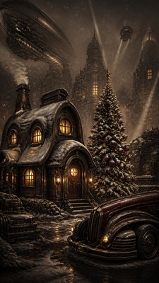 a snow-covered cottage with warm glowing windows beside a decorated pine tree, gentle snowfall, no text