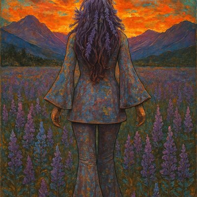 A breathtaking full-body photograph captures a woman from behind, standing in a vast, vibrant field of purple lupin flowers in Glacier National Park. Her long, rich plum purple hair is beautifully intertwined with fresh lupin blooms, forming an ethereal halo. She wears a unique 70s-inspired outfit consisting of shimmering lavender bell-bottom pants and a matching tunic-style top with bell sleeves and a square neckline, flared at the waist, adorned with subtle white horse patterns. The setting sun paints the sky in dramatic hues of fiery orange and deep red, silhouetting the majestic purple mountain ranges in the distance. The scene evokes a sense of wonder, serenity, and a deep connection to the wild beauty of nature, with a magical, almost fantastical feel, within the iconic landscape of Glacier National Park.