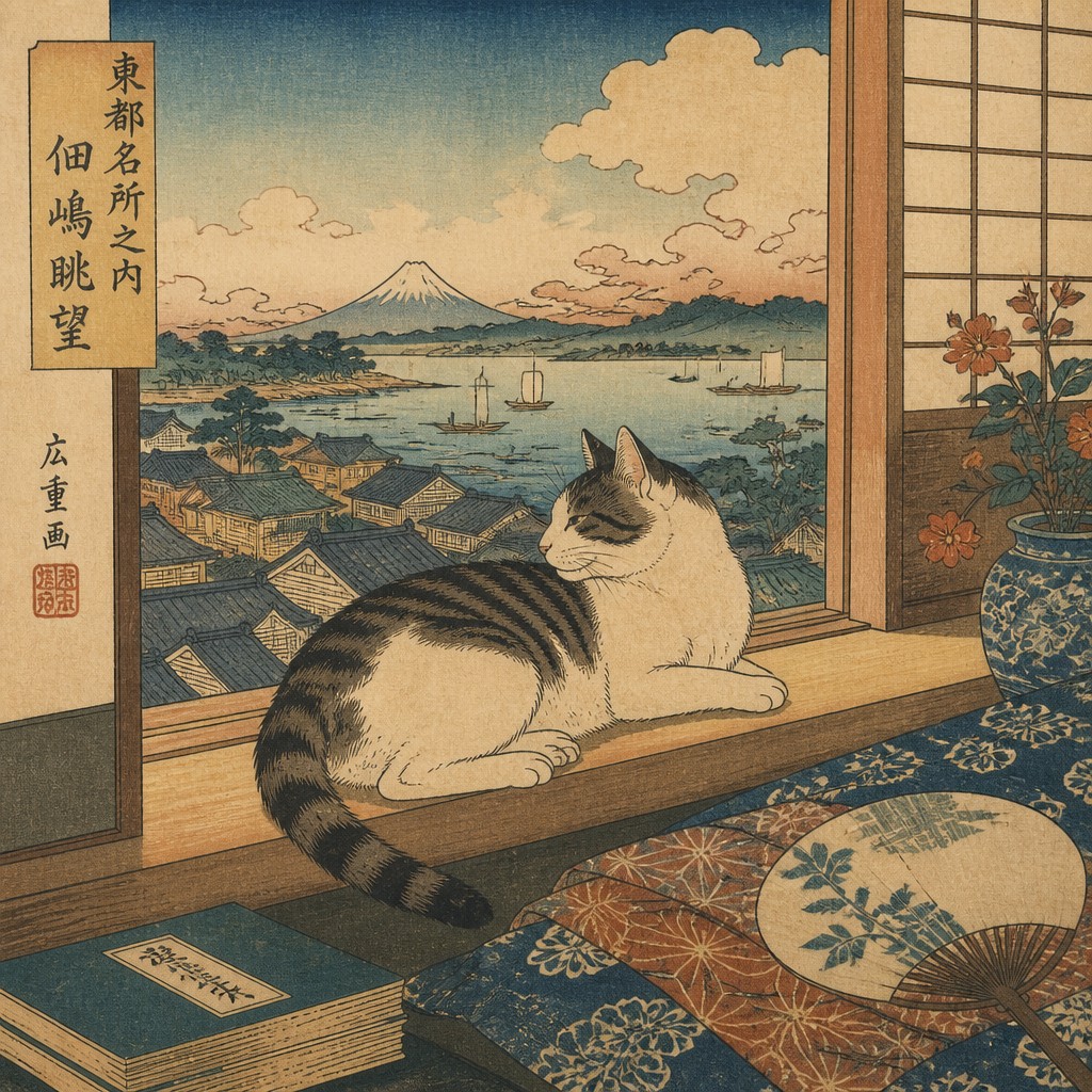 a cat lounging in a sunlit window — Ukiyo-e Art Style
