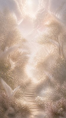 a mysterious forest path with fireflies and drifting mist, atmospheric vertical composition with open space at the top, no text