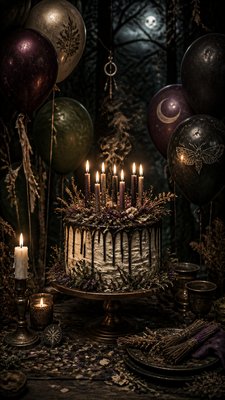 a birthday cake with lit candles surrounded by balloons and confetti, festive vertical composition, no text