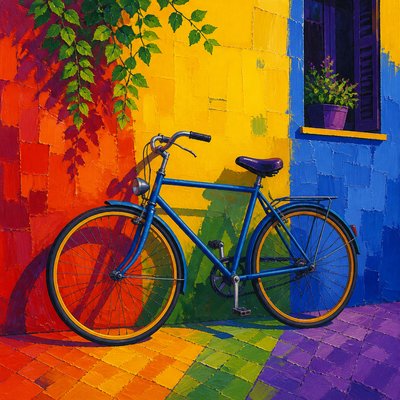 bicyle resting against a wall — Triadic Colors Art Style