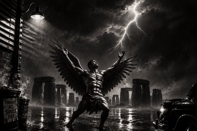 a man with wings standing in the rain