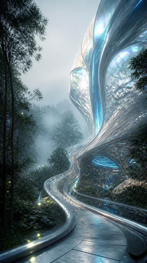 a mysterious forest path with fireflies and drifting mist, atmospheric vertical composition with open space at the top, no text