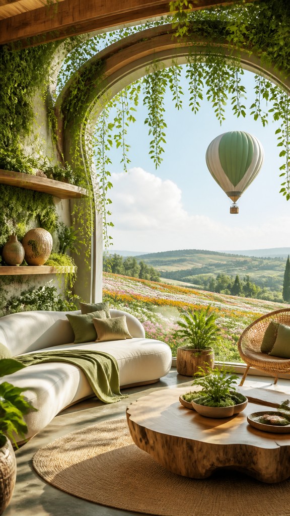 a hot air balloon drifting over rolling flower fields on a sunny day, cheerful, no text