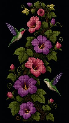 a climbing vine of flowers and hummingbirds on a dark background, tall wrapping composition, no text