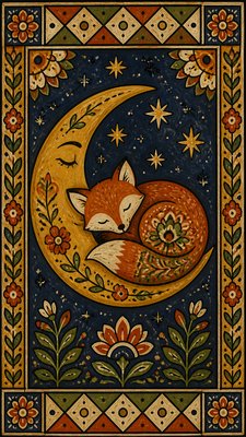 a sleeping baby fox curled on a crescent moon among soft stars, gentle and warm, no text