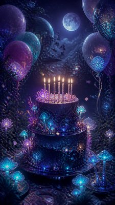 a birthday cake with lit candles surrounded by balloons and confetti, festive vertical composition, no text