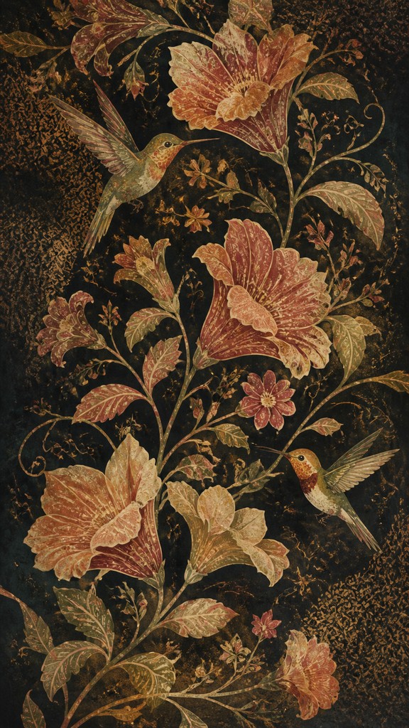 a climbing vine of flowers and hummingbirds on a dark background, tall wrapping composition, no text