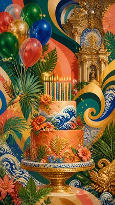 a birthday cake with lit candles surrounded by balloons and confetti, festive vertical composition, no text