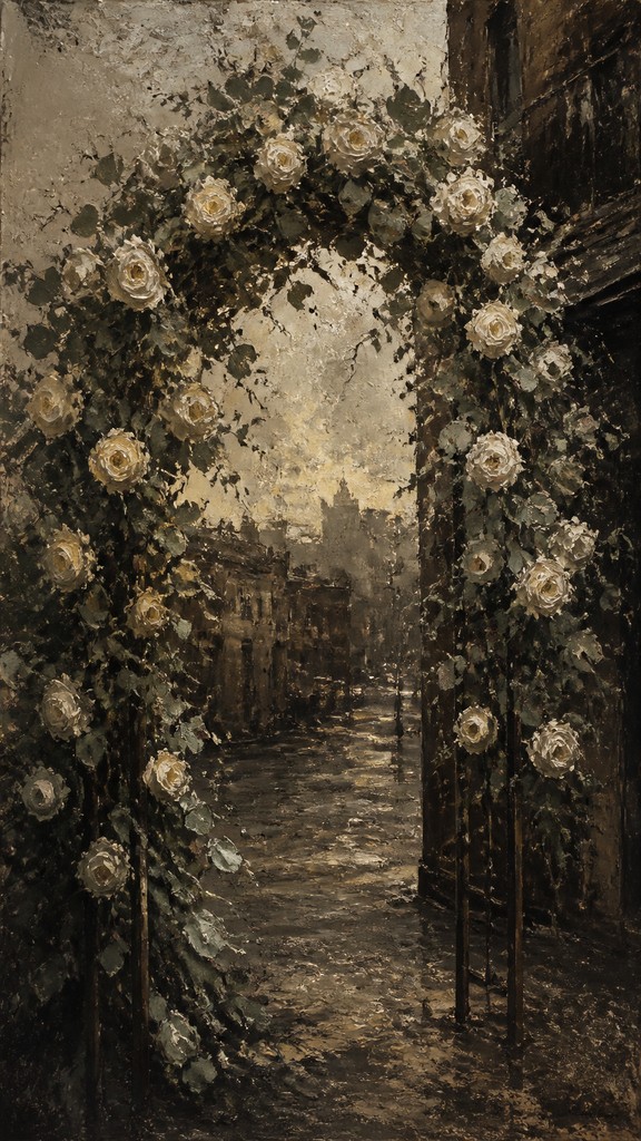 an arch of white roses and eucalyptus in soft morning light, elegant vertical composition with open space, no text