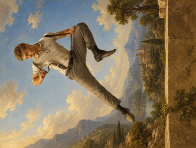 a painting of a man flying through the air